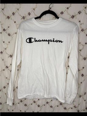 Champion White Long Sleeve Logo Shirt with Black Script